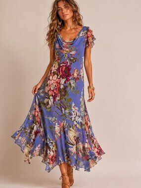 Vintage Majick Floral Beaded Midi Dress Purple Bias Cut Fairy Cottagecore Small